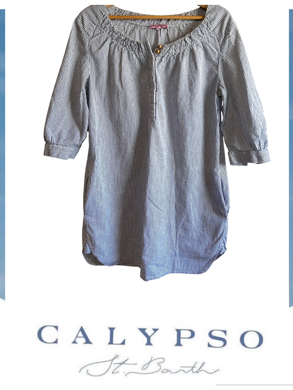 Calypso St. Barth Pinstriped Smocked Neck Tunic Dress Or Swim Cover With Pockets